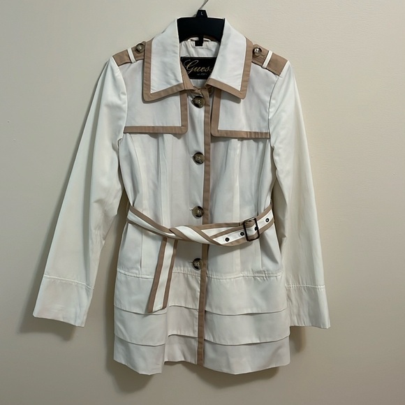 Guess trench style pea coat jacket button down belted tie white tan tiered lined - Picture 1 of 15